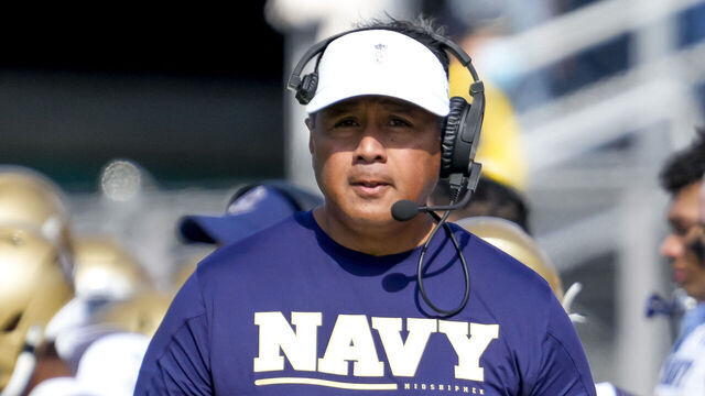 ORLANDO, FL - NOVEMBER 19: Navy Midshipmen head coach Ken Niumatalolo during the football game between the UCF Knights and the Navy Midshipmen on November 19th, 2022 at FBC Mortgage Stadium in Orlando, FL.