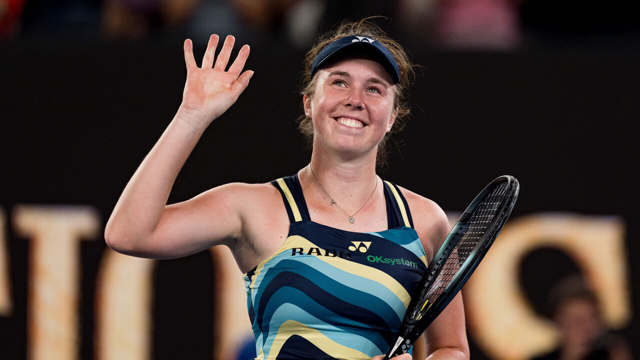 MELBOURNE, AUSTRALIA - JANUARY 20: Linda Noskova of the Czech Republic celebrates match point in their round three singles match against Iga Swiatek of Poland during day seven of the 2024 Australian Open at Melbourne Park on January 20, 2024 in Melbourne, Australia.