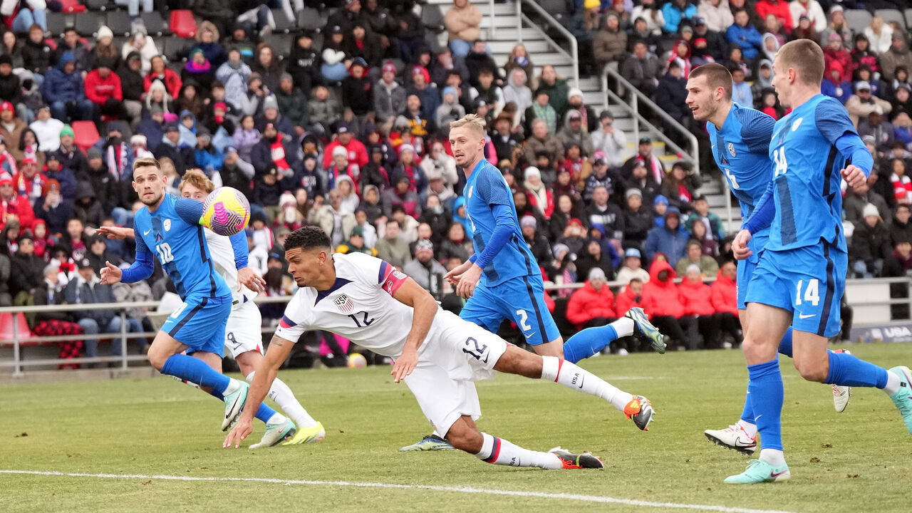 SAN ANTONIO, TEXAS - JANUARY 20: Defender Miles Robinson #12 of USA tries to head the ball into the goal off a corner kick in the second half against Slovenia at Toyota Field on January 20, 2024 in San Antonio, Texas.
