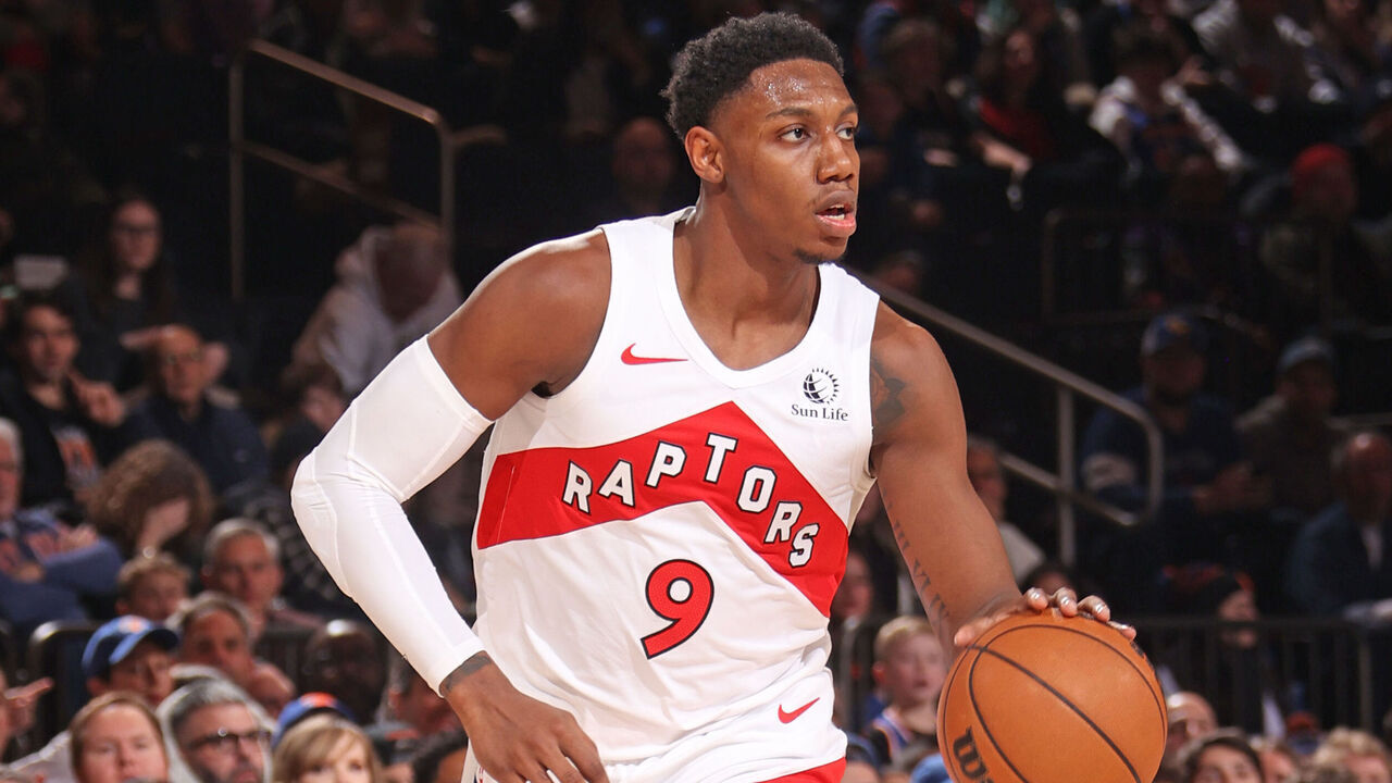 NEW YORK, NY - JANUARY 20: RJ Barrett #9 of the Toronto Raptors dribbles the ball during the game against the New York Knicks on January 20, 2024 at Madison Square Garden in New York City, New York. Mandatory Copyright Notice: Copyright 2024 NBAE