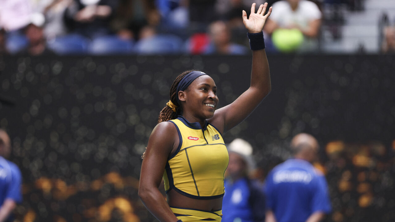 USA's Coco Gauff celebrates after victory against Poland's Magdalena Frech during their women's singles match on day eight of the Australian Open tennis tournament in Melbourne on January 21, 2024.