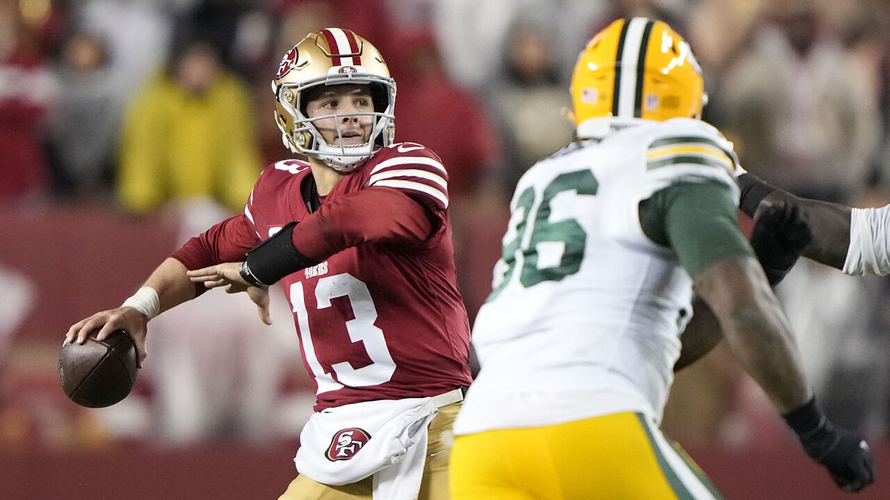 SANTA CLARA, CALIFORNIA - JANUARY 20: Brock Purdy #13 of the San Francisco 49ers looks to pass during the second half against the Green Bay Packers in the NFC Divisional Playoffs at Levi's Stadium on January 20, 2024 in Santa Clara, California.