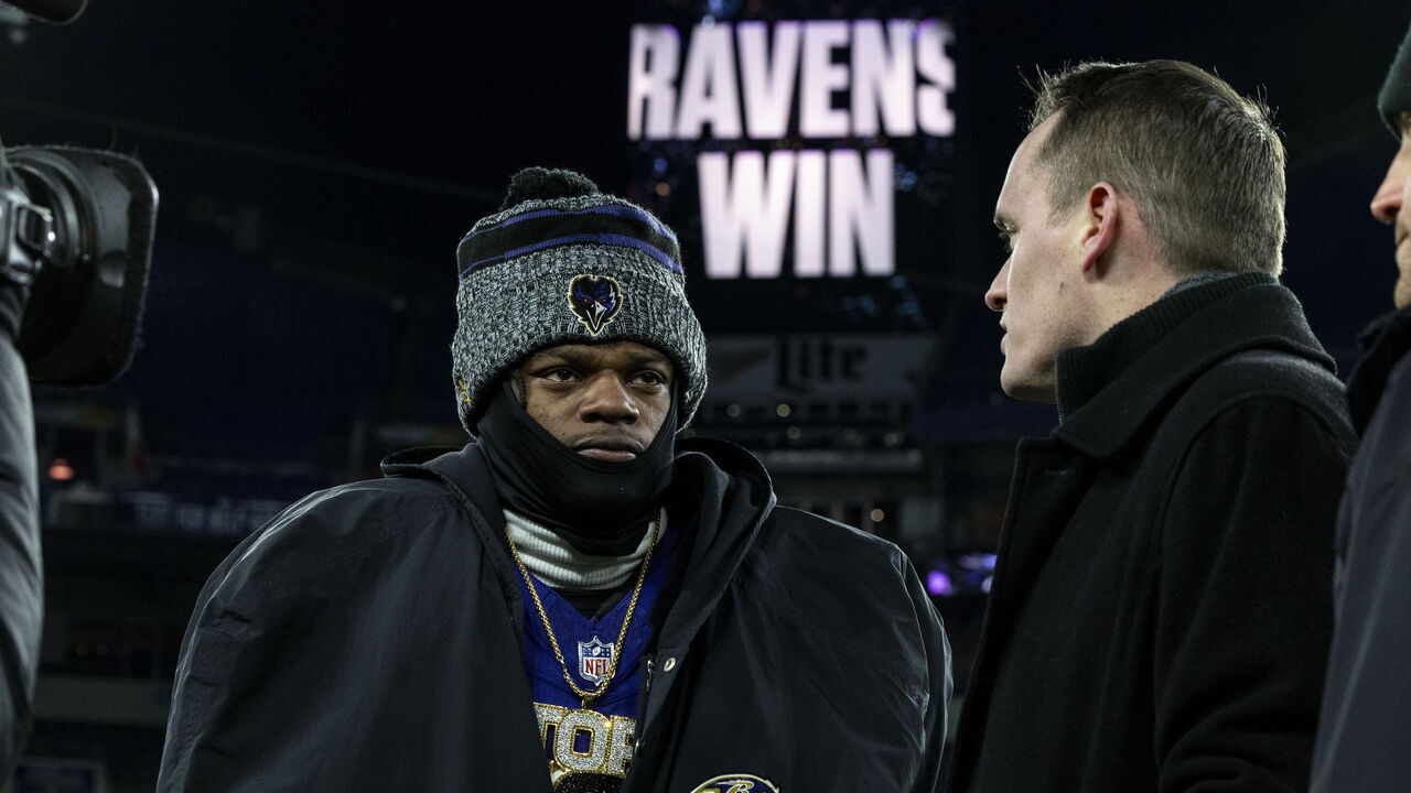 BALTIMORE, MARYLAND - JANUARY 20: Lamar Jackson #8 of the Baltimore Ravens is interviewed after the game against the Houston Texans at M&T Bank Stadium on January 20, 2024 in Baltimore, Maryland. The Ravens beat the Texans 34-10.