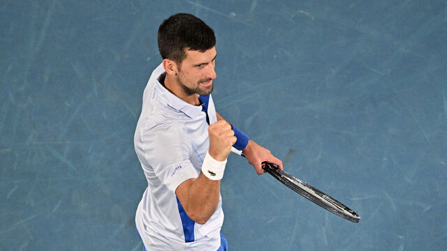 Serbia's Novak Djokovic celebrates after victory against France's Adrian Mannarino during their men's singles match on day eight of the Australian Open tennis tournament in Melbourne on January 21, 2024.