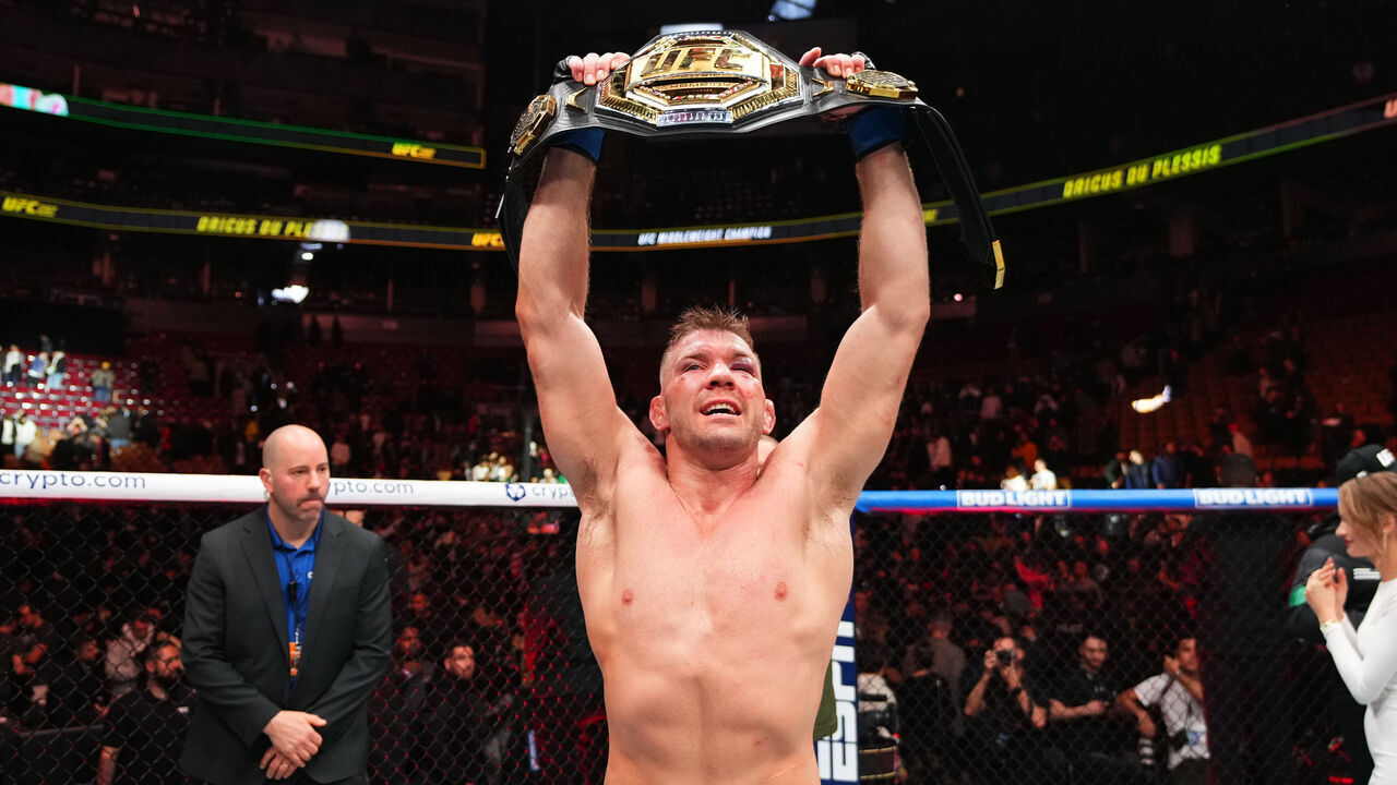 TORONTO, ONTARIO - JANUARY 20: Dricus Du Plessis of South Africa reacts after his victory against Sean Strickland in a UFC middleweight championship bout during the UFC 297 event at Scotiabank Arena on January 20, 2024 in Toronto, Ontario.