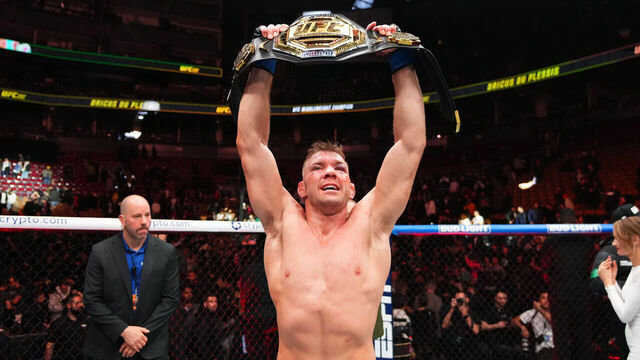 TORONTO, ONTARIO - JANUARY 20: Dricus Du Plessis of South Africa reacts after his victory against Sean Strickland in a UFC middleweight championship bout during the UFC 297 event at Scotiabank Arena on January 20, 2024 in Toronto, Ontario.