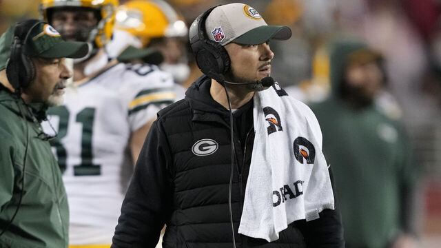 SANTA CLARA, CALIFORNIA - JANUARY 20: Head coach Matt LaFleur of the Green Bay Packers looks on during the first half against the San Francisco 49ers in the NFC Divisional Playoffs at Levi's Stadium on January 20, 2024 in Santa Clara, California.