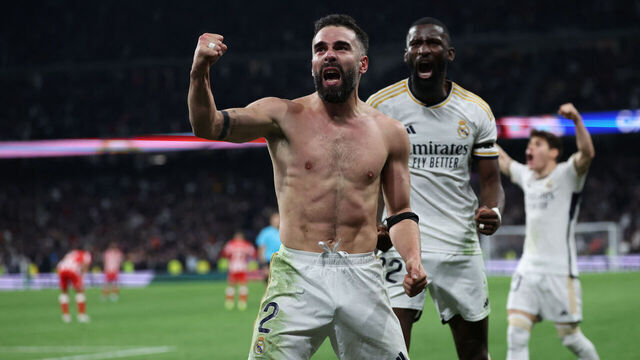 TOPSHOT - Real Madrid's Spanish defender #02 Dani Carvajal celebrates scoring his team's third goal during the Spanish League football match between Real Madrid CF and UD Almeria at the Santiago Bernabeu stadium in Madrid on January 21, 2024.