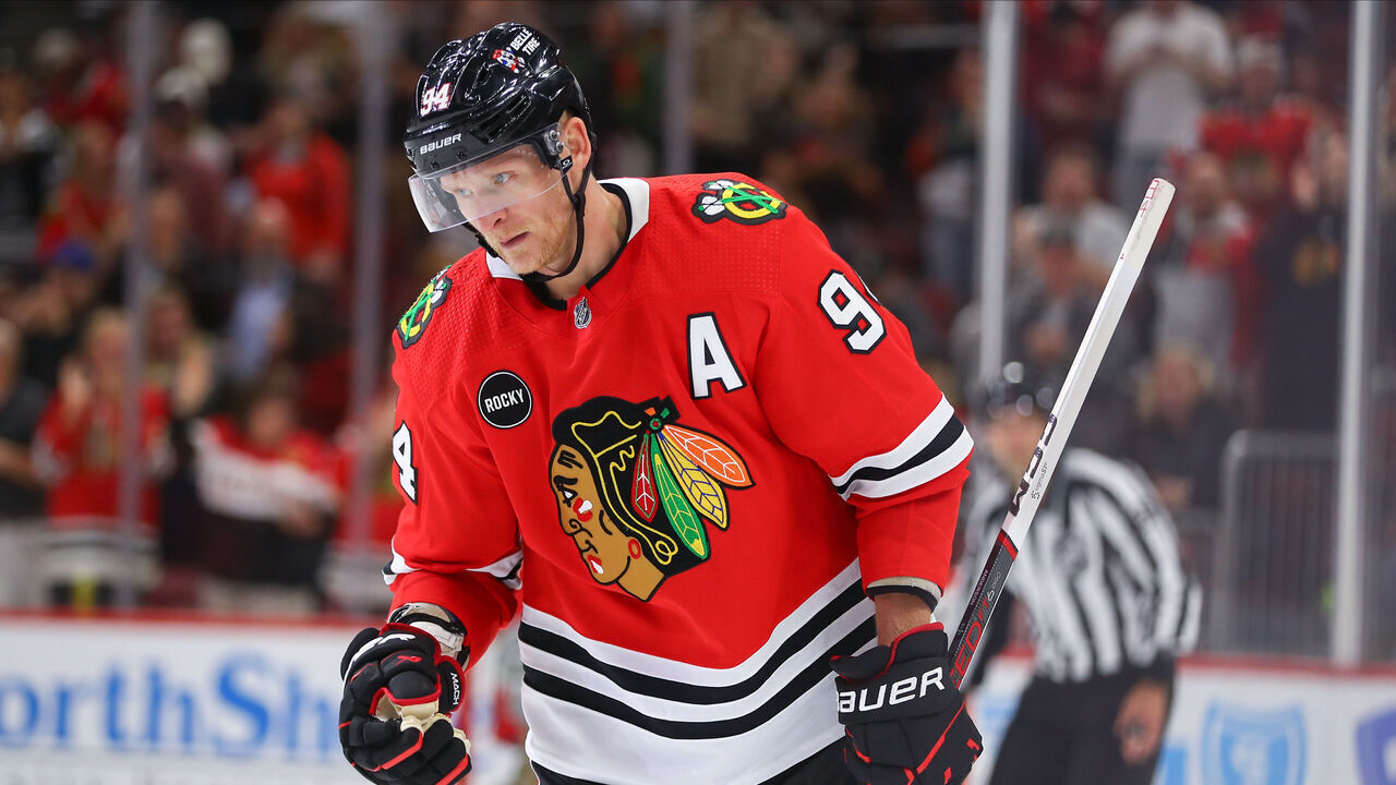 CHICAGO, IL - OCTOBER 03: Chicago Blackhawks right wing Corey Perry (94) looks on after scoring a goal during a game between the Detroit Red Wings and the Chicago Blackhawks on October 3, 2023 at the United Center in Chicago, IL.