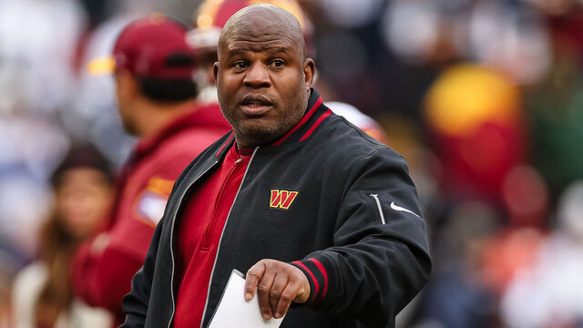 LANDOVER, MD - JANUARY 07: Offensive coordinator Eric Bieniemy of the Washington Commanders reacts before the game against the Dallas Cowboys at FedExField on January 7, 2024 in Landover, Maryland.