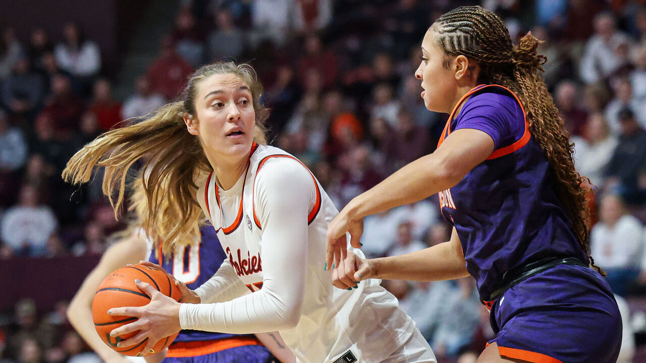 BLACKSBURG, VIRGINIA - JANUARY 21: Elizabeth Kitley #33 of the Virginia Tech Hokies in action against the Clemson Tigers in the first half during a game at Cassell Coliseum on January 21, 2024 in Blacksburg, Virginia.