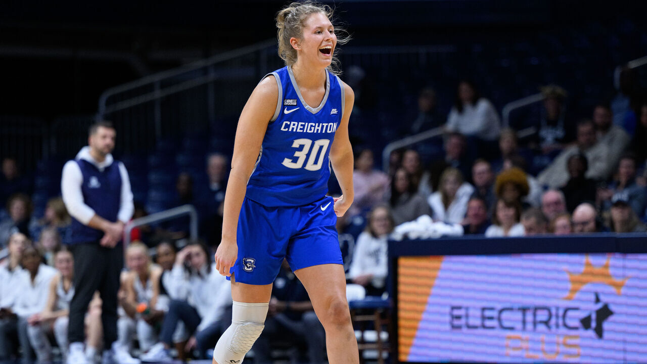 INDIANAPOLIS, IN - JANUARY 14: Creighton Bluejays guard Morgan Maly (30) celebrates a score during the women's college basketball game between the Butler Bulldogs and Creighton Wildcats on January 14, 2023, at Hinkle Fieldhouse in Indianapolis, IN.