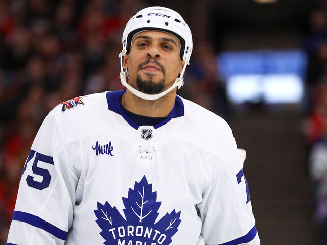CHICAGO, IL - NOVEMBER 24: Ryan Reaves #75 of the Toronto Maple Leafs looks on during the third period against the Chicago Blackhawks at the United Center on November 24, 2023 in Chicago, Illinois.