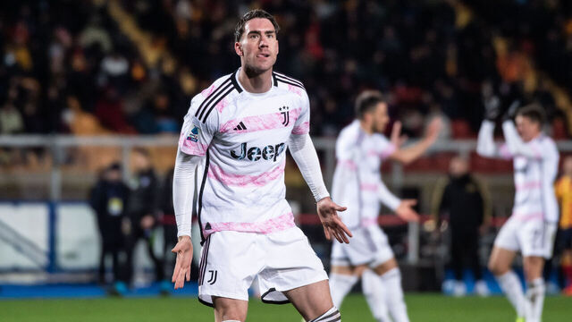 LECCE, ITALY - JANUARY 21: Dušan Vlahović of Juventus FC celebrates after scoring a goal to make it 0-1 during the Serie A TIM match between US Lecce and Juventus - Serie A TIM at Stadio Via del Mare on January 21, 2024 in Lecce, Italy.