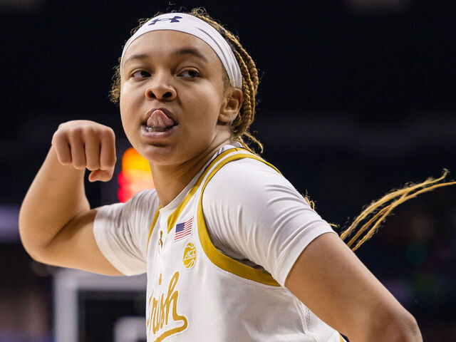 SOUTH BEND, INDIANA - JANUARY 7: Hannah Hidalgo #3 of the Notre Dame Fighting Irish reacts during the game against the North Carolina Tar Heels at Joyce Center on January 7, 2024 in South Bend, Indiana.