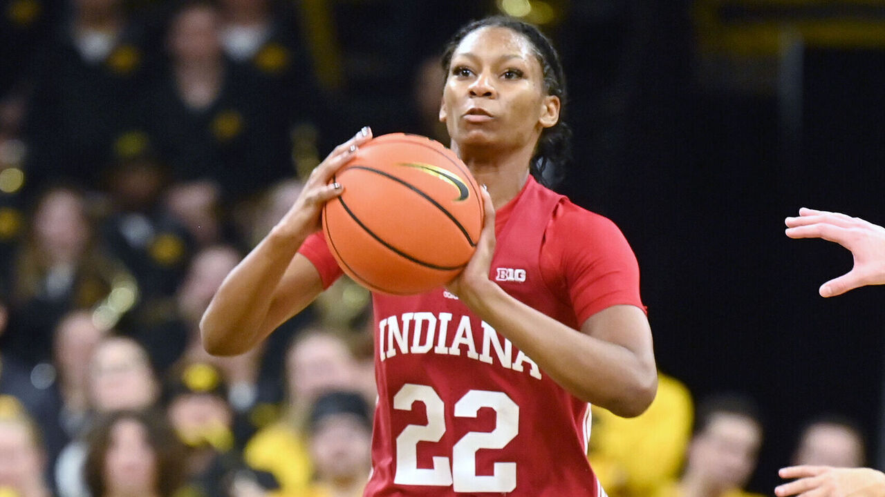 IOWA CITY, IA - JANUARY 13: Indiana guard Chloe Moore-McNeil (22) with the ball during a college women's basketball game between the Indiana Hoosiers and the Iowa Hawkeyes on January 13, 2024, at Carver-Hawkeye Arena in Iowa City, IA.