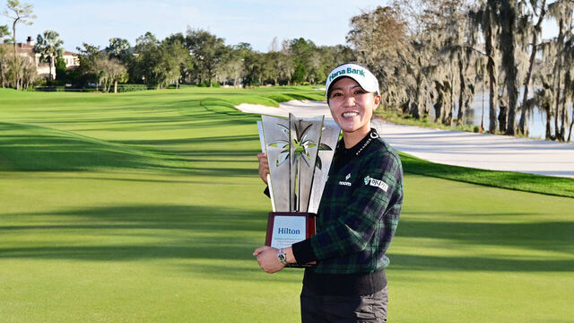 ORLANDO, FLORIDA - JANUARY 21: Lydia Ko of New Zealand poses with the trophy after winning the Hilton Grand Vacations Tournament of Champions at Lake Nona Golf & Country Club on January 21, 2024 in Orlando, Florida.