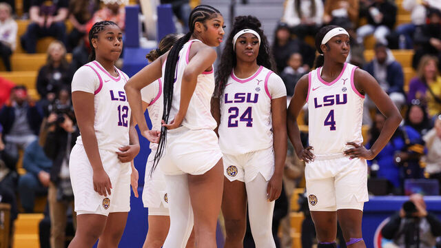 BALTIMORE, MD - DECEMBER 20: Angel Reese, Aneesah Morrow, FlauJae Johnson, Mikaylah Williams of LSU before the start of the NCAA Women's Basketball game between LSU Lady Tigers (80) and Coppin State Eagles (48) at the Coppin State Physical Education Complex on December 20th, 2023 in Baltimore, Maryland.