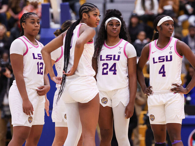 BALTIMORE, MD - DECEMBER 20: Angel Reese, Aneesah Morrow, FlauJae Johnson, Mikaylah Williams of LSU before the start of the NCAA Women's Basketball game between LSU Lady Tigers (80) and Coppin State Eagles (48) at the Coppin State Physical Education Complex on December 20th, 2023 in Baltimore, Maryland.