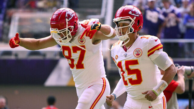 MINNEAPOLIS, MINNESOTA - OCTOBER 8: Patrick Mahomes #15 and Travis Kelce #87 of the Kansas City Chiefs take the field before the game against the Minnesota Vikings at U.S. Bank Stadium on October 8, 2023 in Minneapolis, Minnesota.