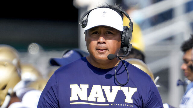 ORLANDO, FL - NOVEMBER 19: Navy Midshipmen head coach Ken Niumatalolo during the football game between the UCF Knights and the Navy Midshipmen on November 19th, 2022 at FBC Mortgage Stadium in Orlando, FL.