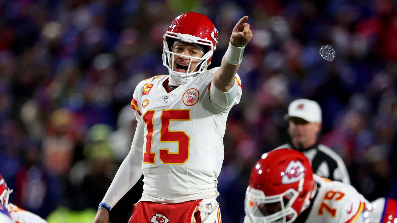 ORCHARD PARK, NEW YORK - JANUARY 21: Patrick Mahomes #15 of the Kansas City Chiefs points against the Buffalo Bills during the second quarter in the AFC Divisional Playoff game at Highmark Stadium on January 21, 2024 in Orchard Park, New York.