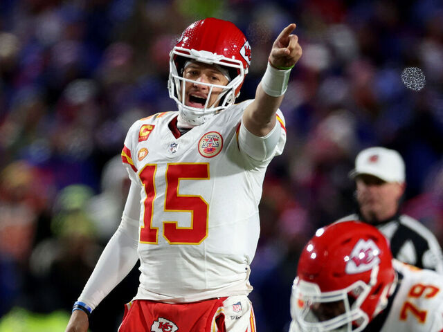 ORCHARD PARK, NEW YORK - JANUARY 21: Patrick Mahomes #15 of the Kansas City Chiefs points against the Buffalo Bills during the second quarter in the AFC Divisional Playoff game at Highmark Stadium on January 21, 2024 in Orchard Park, New York.