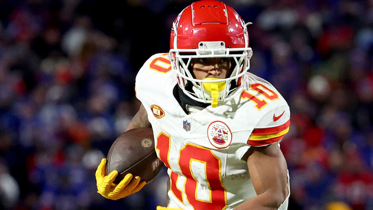 ORCHARD PARK, NEW YORK - JANUARY 21: Isiah Pacheco #10 of the Kansas City Chiefs runs the ball after makes a catch against the Buffalo Bills during the third quarter in the AFC Divisional Playoff game at Highmark Stadium on January 21, 2024 in Orchard Park, New York.
