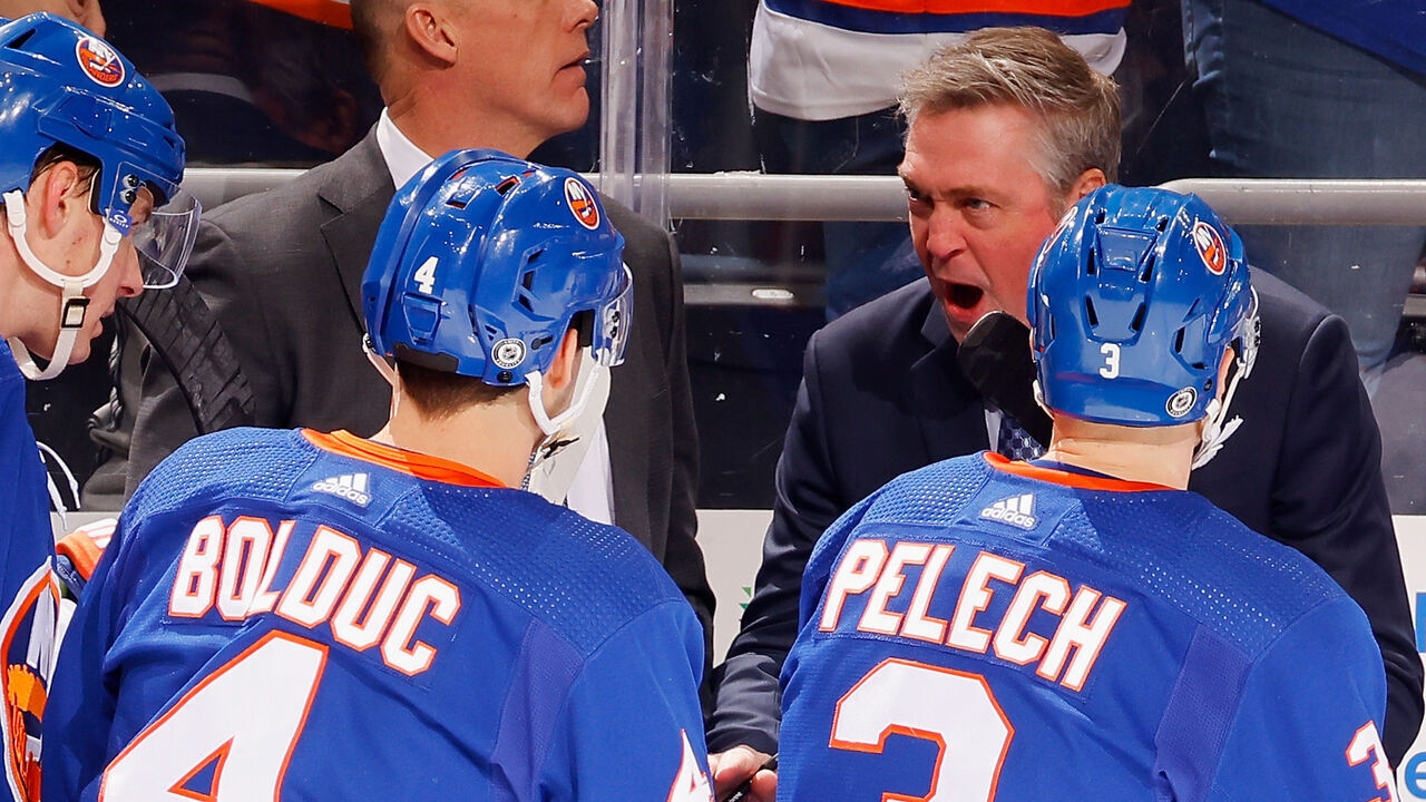 ELMONT, NEW YORK - JANUARY 21: Head coach Patrick Roy of the New York Islanders handles bench duties in his first game with the team against the Dallas Stars at UBS Arena on January 21, 2024 in Elmont, New York.