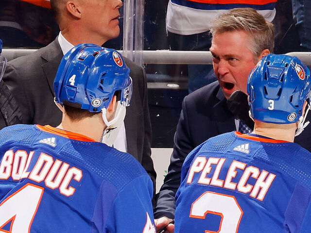 ELMONT, NEW YORK - JANUARY 21: Head coach Patrick Roy of the New York Islanders handles bench duties in his first game with the team against the Dallas Stars at UBS Arena on January 21, 2024 in Elmont, New York.
