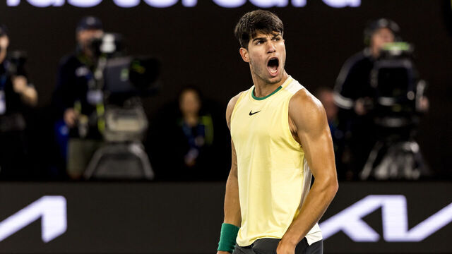 MELBOURNE, VIC - JANUARY 22: Carlos Alcaraz of Spain celebrates during the 4th round of the 2024 Australian Open on January 22 2024, at Melbourne Park in Melbourne, Australia.