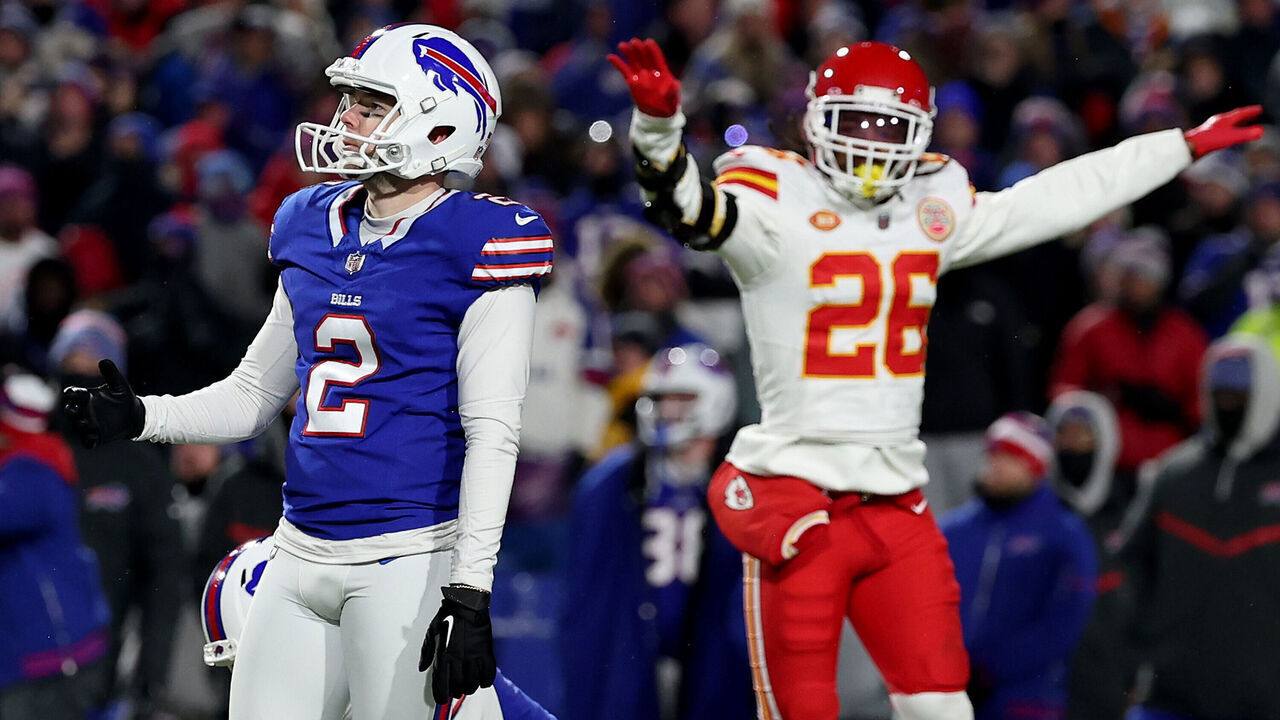ORCHARD PARK, NEW YORK - JANUARY 21: Tyler Bass #2 of the Buffalo Bills reacts after missing a 44 yard field goal attempt against the Kansas City Chiefs during the fourth quarter in the AFC Divisional Playoff game at Highmark Stadium on January 21, 2024 in Orchard Park, New York.