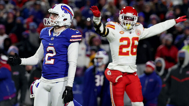 ORCHARD PARK, NEW YORK - JANUARY 21: Tyler Bass #2 of the Buffalo Bills reacts after missing a 44 yard field goal attempt against the Kansas City Chiefs during the fourth quarter in the AFC Divisional Playoff game at Highmark Stadium on January 21, 2024 in Orchard Park, New York.