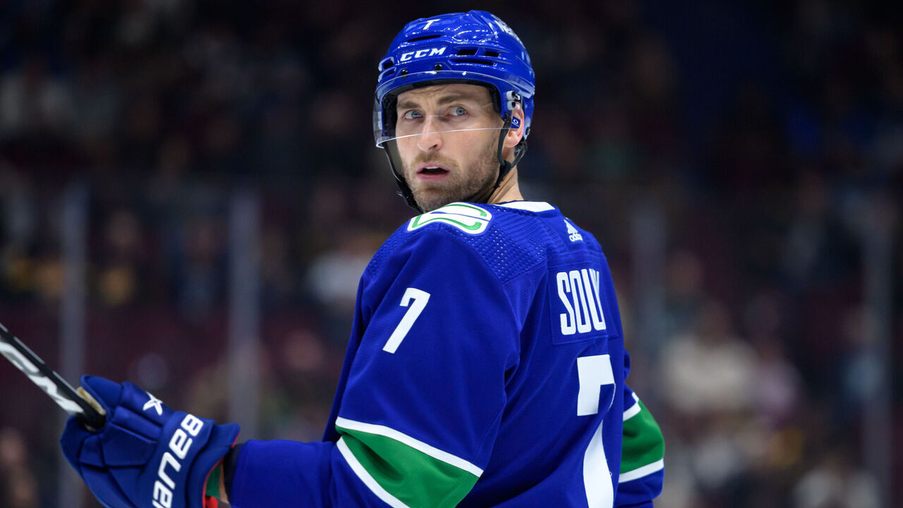 VANCOUVER, CANADA - OCTOBER 27: Carson Soucy #7 of the Vancouver Canucks waits for a face-off during the first period of their NHL game against the St. Louis Blues at Rogers Arena on October 27, 2023 in Vancouver, British Columbia, Canada.