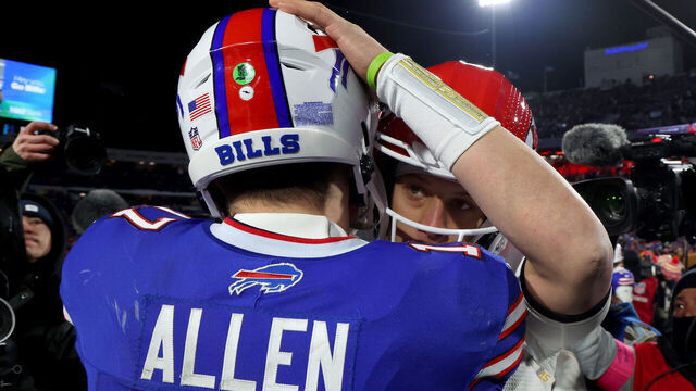 ORCHARD PARK, NEW YORK - JANUARY 21: Patrick Mahomes #15 of the Kansas City Chiefs hugs Josh Allen #17 of the Buffalo Bills after the AFC Divisional Playoff game at Highmark Stadium on January 21, 2024 in Orchard Park, New York.