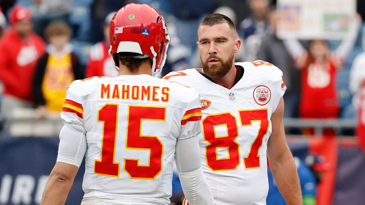 FOXBOROUGH, MA - DECEMBER 17: Kansas City Chiefs quarterback Patrick Mahomes (15) and Kansas City Chiefs tight end Travis Kelce (87) in warm up before a game between the New England Patriots and the Kansas City Chiefs on December 17, 2023, at Gillette Stadium in Foxborough, Massachusetts.