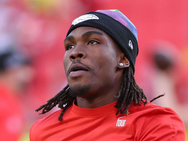 KANSAS CITY, MO - OCTOBER 12: Kansas City Chiefs wide receiver Rashee Rice (4) before an AFC West matchup between the Denver Broncos and Kansas City Chiefs on Oct 12, 2023 at GEHA Field at Arrowhead Stadium in Kansas City, MO.