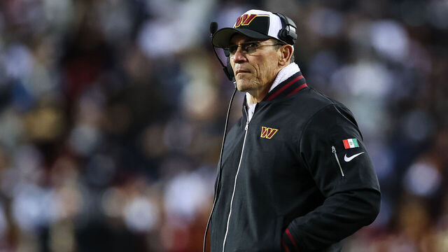 LANDOVER, MD - JANUARY 07: Head coach Ron Rivera of the Washington Commanders looks on against the Dallas Cowboys during the first half of the game at FedExField on January 7, 2024 in Landover, Maryland.