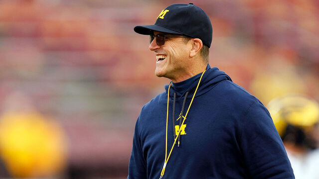 MINNEAPOLIS, MINNESOTA - OCTOBER 07: Head coach Jim Harbaugh of the Michigan Wolverines looks on prior to the start of the game against the Minnesota Golden Gophers at Huntington Bank Stadium on October 07, 2023 in Minneapolis, Minnesota. The Wolverines defeated the Golden Gophers 52-10.