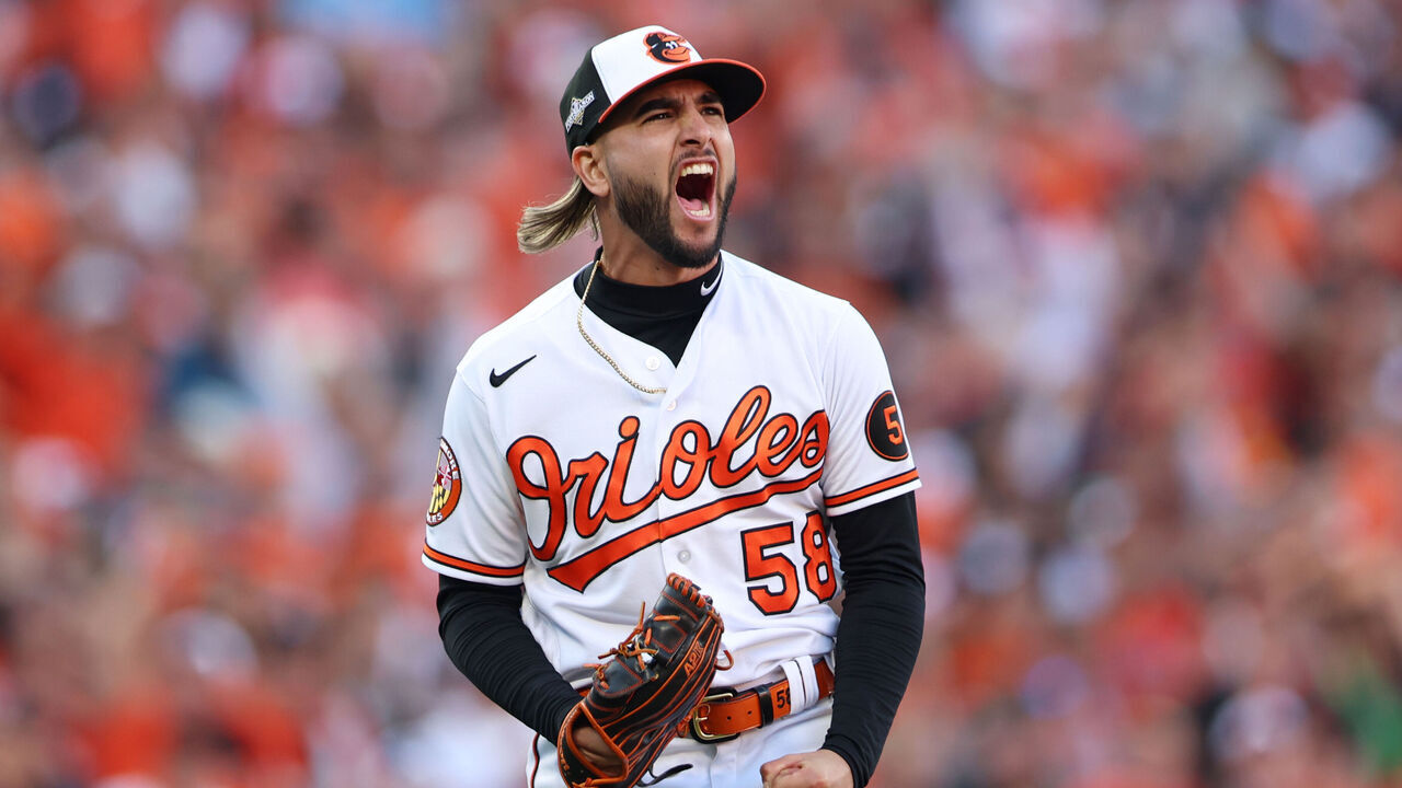 BALTIMORE, MD - OCTOBER 07: Cionel Pérez #58 of the Baltimore Orioles celebrates striking out Adolis García #53 of the Texas Rangers to end the top of the ninth inning during Game 1 of the Division Series between the Texas Rangers and the Baltimore Orioles at Oriole Park at Camden Yards on Saturday, October 7, 2023 in Baltimore, Maryland.