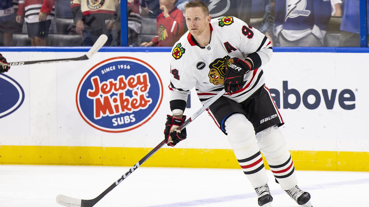 TAMPA, FL - NOVEMBER 9: Corey Perry #94 of the Chicago Blackhawks against the Tampa Bay Lightning during the pregame warm ups at Amalie Arena on November 9, 2023 in Tampa, Florida.