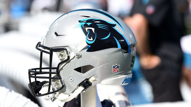 CHARLOTTE, NC - OCTOBER 29: A Carolina Panthers helmet rests on the sidelines during game featuring the Houston Texans and the Carolina Panthers on October 29, 2023 at Bank of America Stadium in Charlotte, N.C.