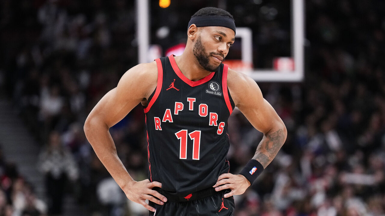 TORONTO, ON - JANUARY 18: Bruce Brown #11 of the Toronto Raptors looks on against the Toronto Raptors during the first half of their basketball game at the Scotiabank Arena on January 18, 2024 in Toronto, Ontario, Canada. NOTE TO USER: User expressly acknowledges and agrees that, by downloading and/or using this Photograph, user is consenting to the terms and conditions of the Getty Images License Agreement.