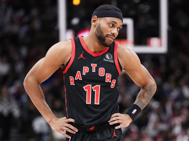 TORONTO, ON - JANUARY 18: Bruce Brown #11 of the Toronto Raptors looks on against the Toronto Raptors during the first half of their basketball game at the Scotiabank Arena on January 18, 2024 in Toronto, Ontario, Canada. NOTE TO USER: User expressly acknowledges and agrees that, by downloading and/or using this Photograph, user is consenting to the terms and conditions of the Getty Images License Agreement.