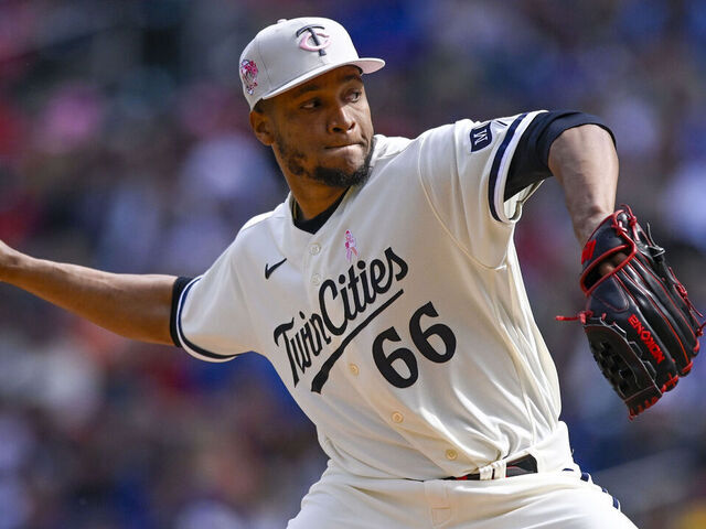 MINNEAPOLIS, MN - MAY 14: Minnesota Twins Pitcher Jorge Alcala (66) delivers a pitch during a MLB game between the Minnesota Twins and Chicago Cubs on May 14, 2023, at Target Field in Minneapolis, MN.