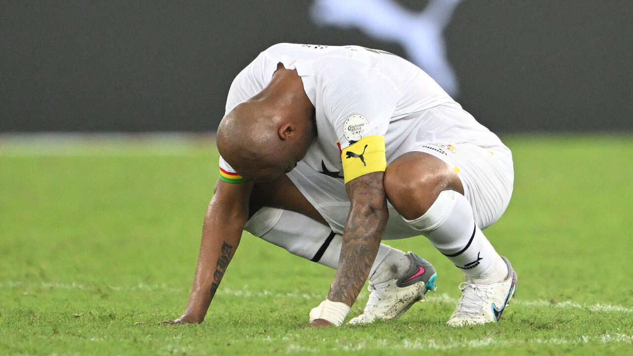 Ghana's midfielder #10 Andre Ayew reacts after the draw between the teams of the Africa Cup of Nations (CAN) 2024 group B football match between Mozambique and Ghana at Alassane Ouattara Olympic Stadium in Ebimpe, Abidjan on January 22, 2024.