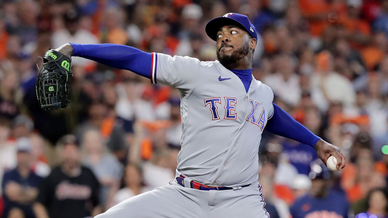 HOUSTON, TEXAS - OCTOBER 16: Aroldis Chapman #45 of the Texas Rangers throws a pitch against the Houston Astros during the eighth inning in Game Two of the American League Championship Series at Minute Maid Park on October 16, 2023 in Houston, Texas.