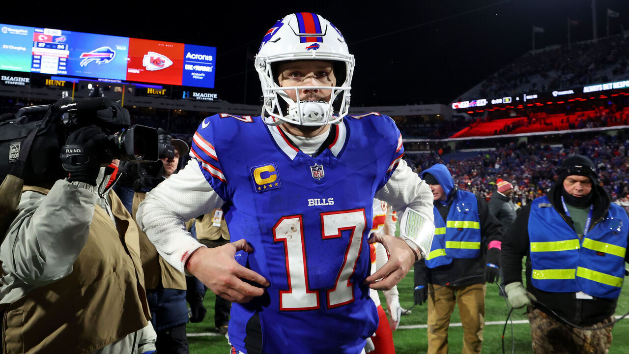 ORCHARD PARK, NEW YORK - JANUARY 21: Josh Allen #17 of the Buffalo Bills runs off the field after being defeated by the Kansas City Chiefs in the AFC Divisional Playoff game at Highmark Stadium on January 21, 2024 in Orchard Park, New York.