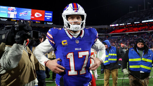 ORCHARD PARK, NEW YORK - JANUARY 21: Josh Allen #17 of the Buffalo Bills runs off the field after being defeated by the Kansas City Chiefs in the AFC Divisional Playoff game at Highmark Stadium on January 21, 2024 in Orchard Park, New York.