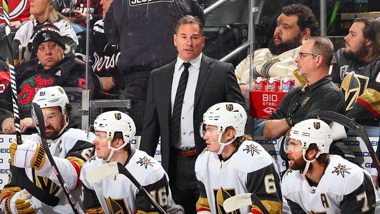 NEWARK, NJ - JANUARY 22: Bruce Cassidy Head Coach of the Vegas Golden Knights behind the bench in the first period of the game against the New Jersey Devils at the Prudential Center on January 22, 2024 in Newark, New Jersey.